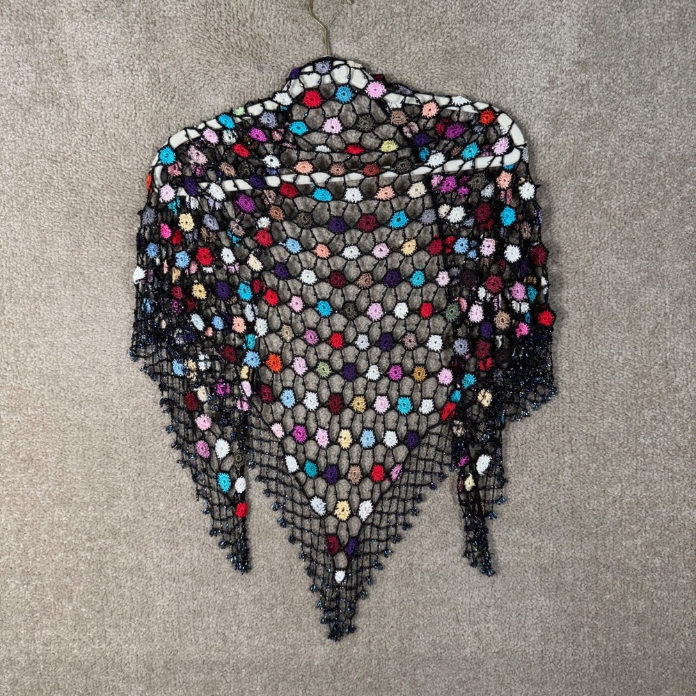 Artsy Crochet Shawl Women One Size Black Multi Color Beaded Fringe Boho Wrap - Picture 5 of 10